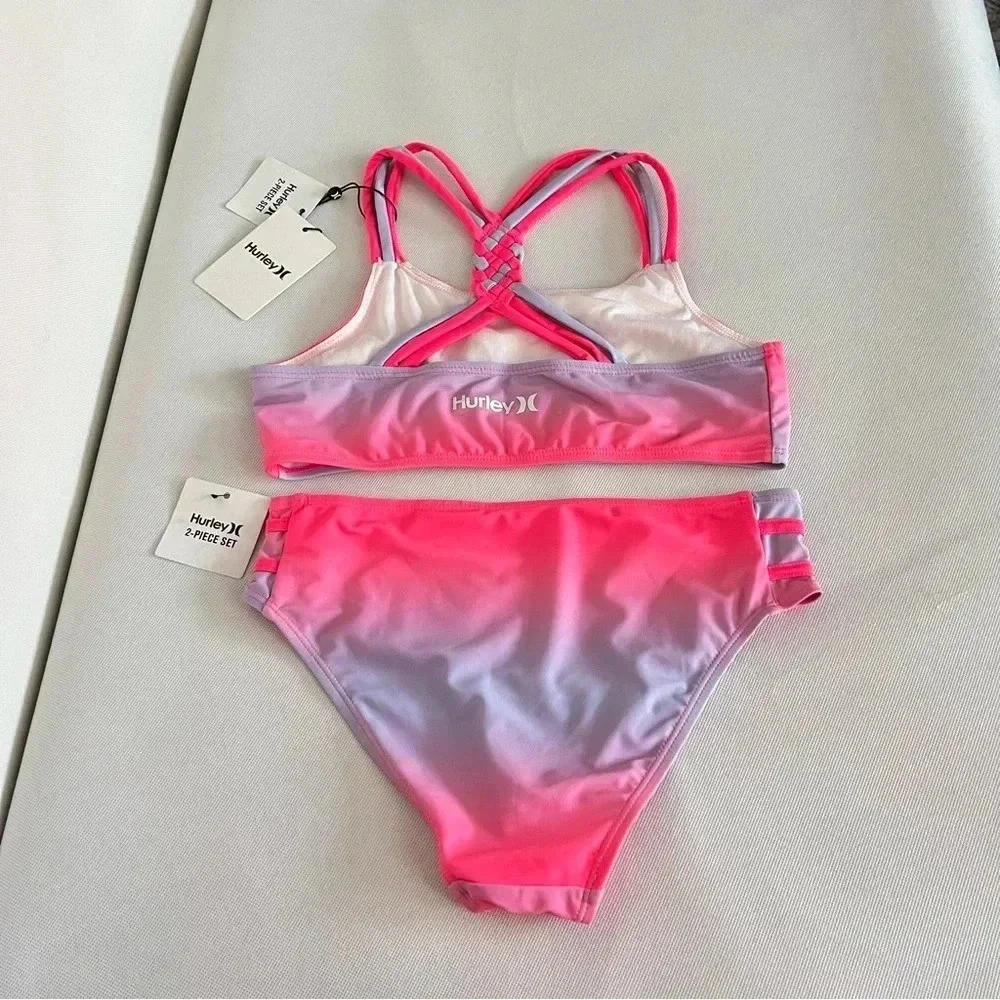 Hurley 2-Piece Bikini Swim Set Girls Pink Punch PurpleTie Dye Fully Lined Girls
